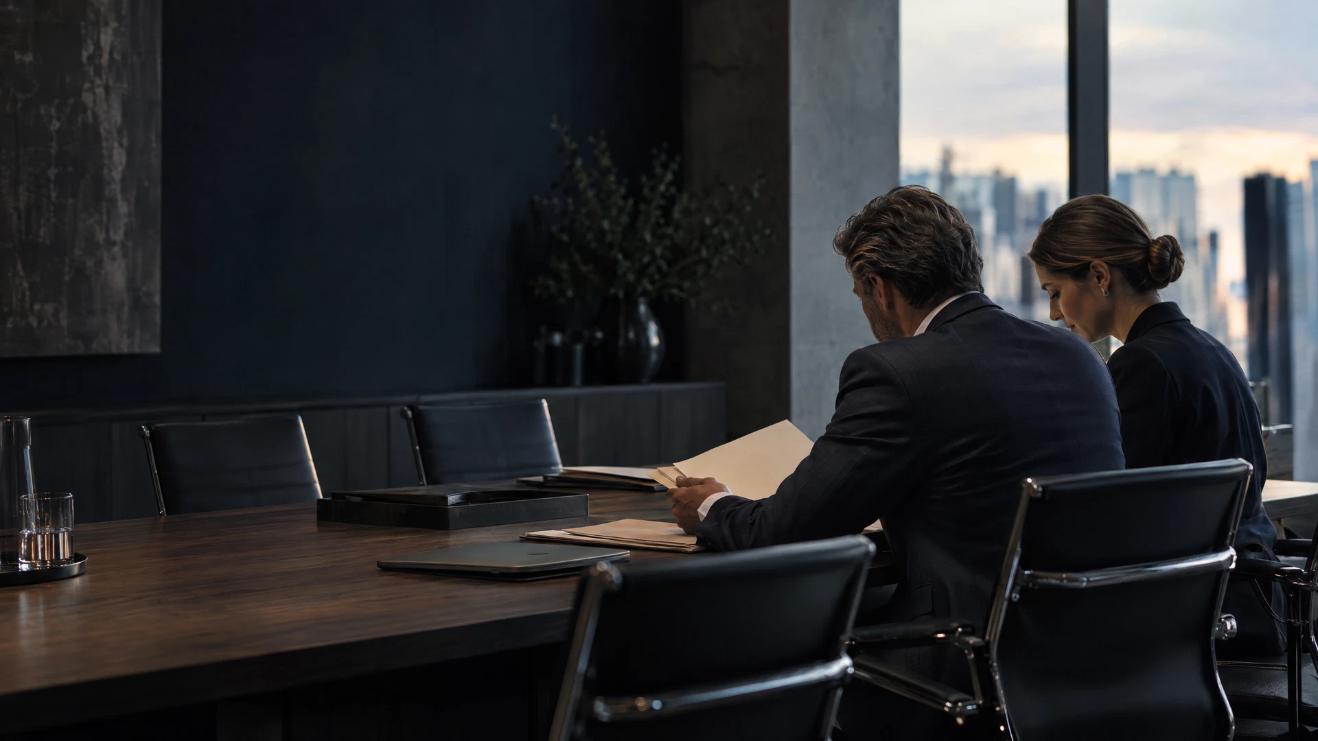 Professionals reviewing generic business folders in a discreet conference room