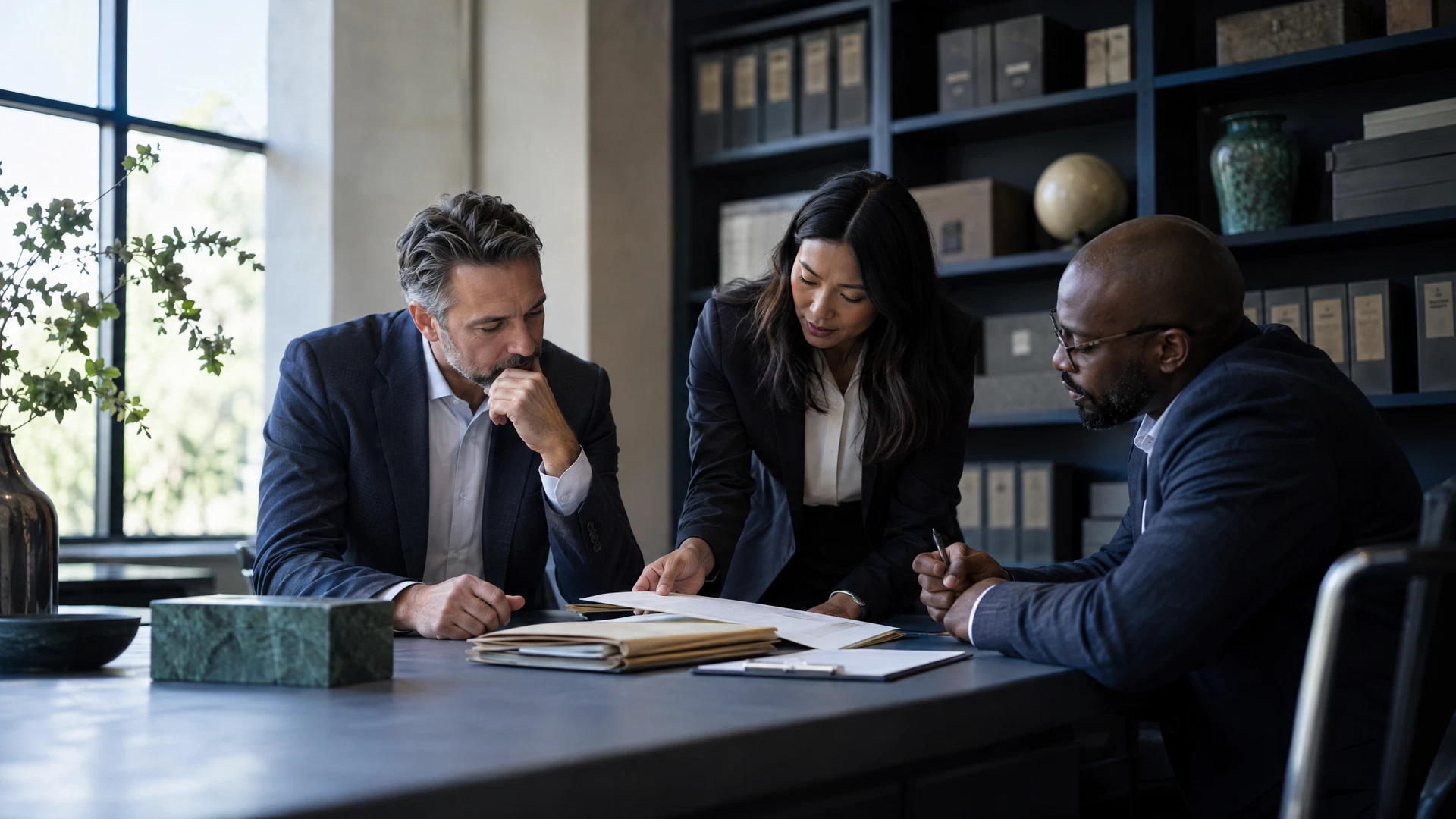Professionals discussing generic paper folders in a quiet office